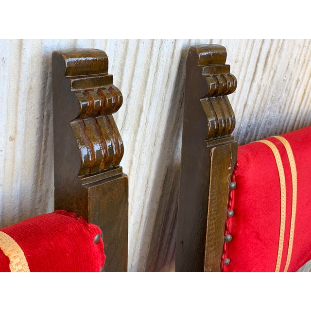 19th Set of Six Spanish Low Armchairs in Carved Walnut and Red Velvet Upholstery For Sale - Image 9 of 12