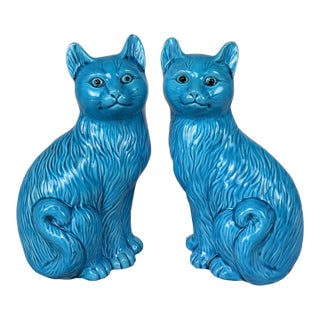 Vintage Chinese Turquoise Blue Glazed Ceramic Mantle Cat Sculpture - A Pair For Sale