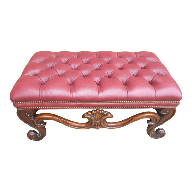 Whittemore-Cherrill Mahogany Brass Nail Trims & Maroon Leather Upholstered Bench Ottoman For Sale