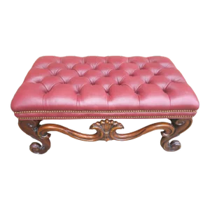 Whittemore-Cherrill Mahogany Brass Nail Trims & Maroon Leather Upholstered Bench Ottoman