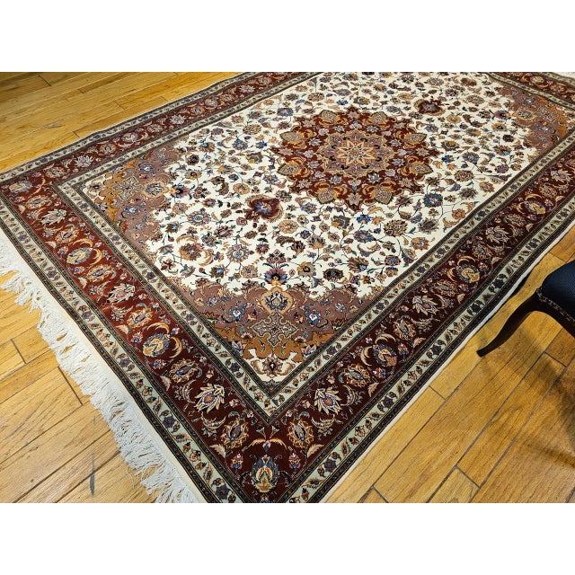 Fine Tabriz Shirfar Rug, Hand-Knotted Wool & Silk, Floral Pattern, Ivory & Chocolate, 7x10 For Sale In Chicago - Image 6 of 18