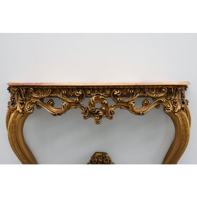 Rococo Louis XV Rococo Style Carved Gilt Console Table with Rose Marble Top, Italy, 1950s For Sale - Image 3 of 16