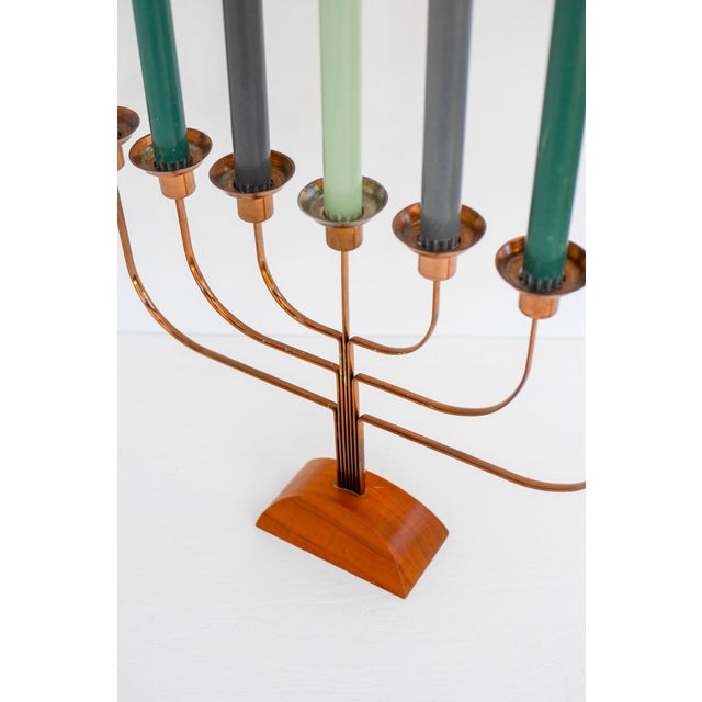 Wood Large Vintage Brass and Elm Candelabra, 1940s For Sale - Image 7 of 11