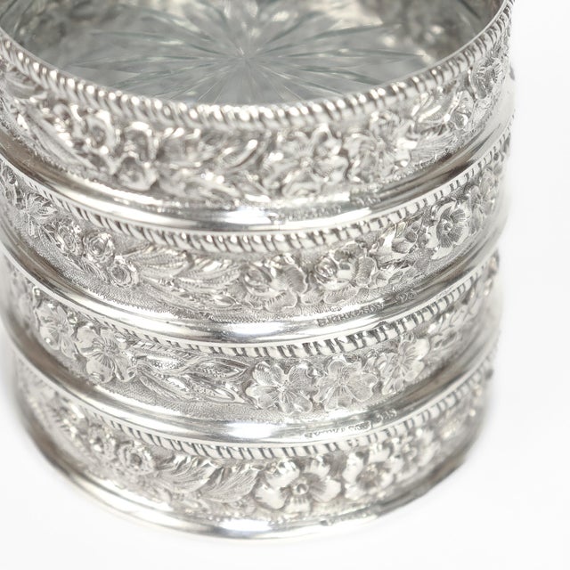 Silver Antique Set of 8 S. Kirk & Son Repousse Sterling Silver & Cut Glass Coasters For Sale - Image 8 of 18