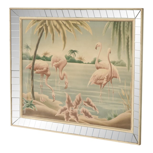 Vintage Mid Century Flamingo Lithograph Picture Print by Turner Mirror Frame 2 For Sale