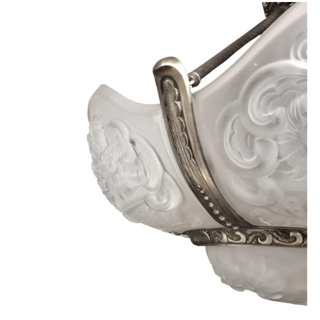 Metal Large and Bulbous Art Deco Blossom 6 Panel Art Glass Chandelier in Nickel by VSL For Sale - Image 7 of 13