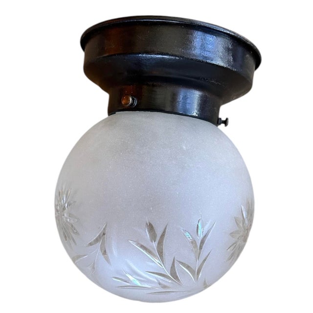 American Frosted Wheel Cut Starburst and Floral Flush Mount Fixture on Original Painted Black Fixture, Circa 1920 For Sale - Image 3 of 4