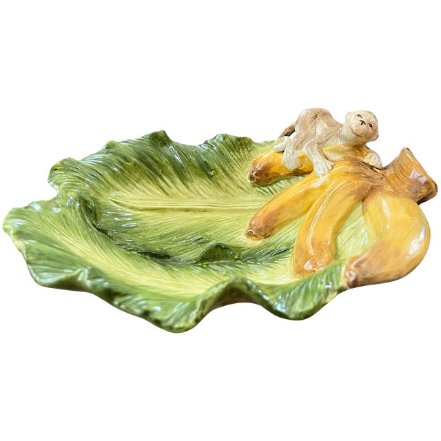 2000 - 2009 Vintage Kaldun & Bogle Zanzibar Majolica Monkey & Banana Leaf Platter, 10" For Sale - Image 5 of 14