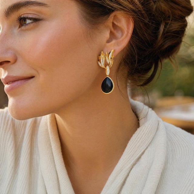 1990s Pair of Italian 18k Gold Onyx and Diamond Drop Statement Earrings For Sale - Image 11 of 11