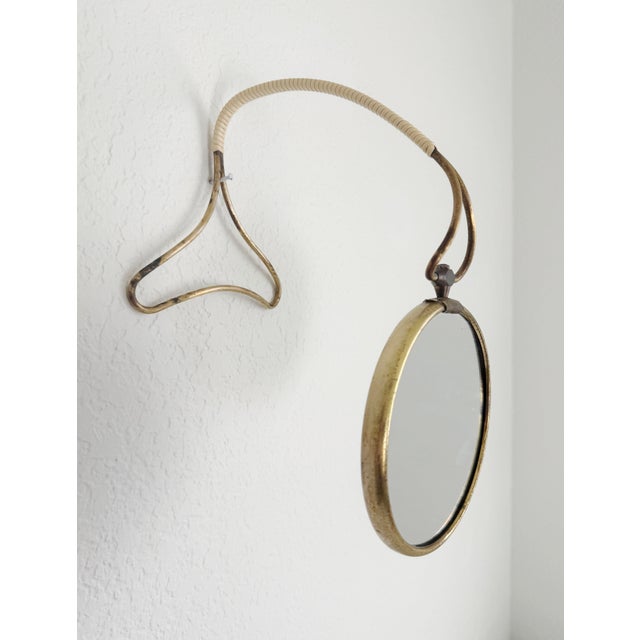 Metal 1940’s Italian Shaving Mirror, Brass & Rattan For Sale - Image 7 of 11