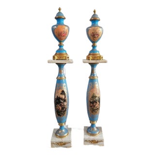 French-Style Blue & Peach Decorative Vase With Marble Pedestal – Scenic Artwork & Gold Leaf Details For Sale