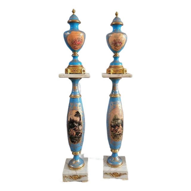 French-Style Blue & Peach Decorative Vase With Marble Pedestal – Scenic Artwork & Gold Leaf Details For Sale