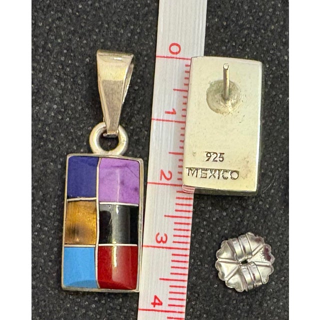 Late 20th Century Pair of Sterling Silver Channel Inlay Multi-Stone Earrings W/ Matching Pendant .925 Mexico For Sale - Image 9 of 10