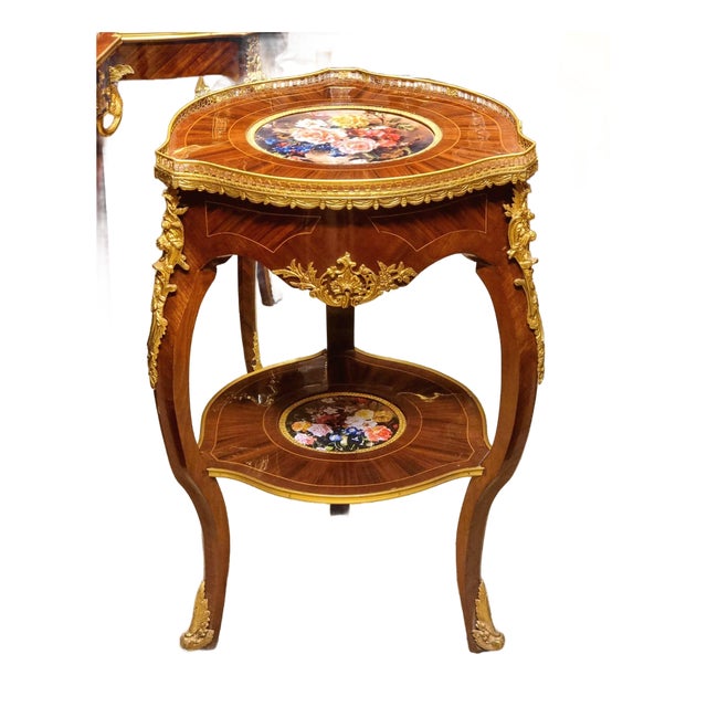 French Louis XV Side Table – Floral Inlay Top With Hand-Applied Gold Leaf Details For Sale