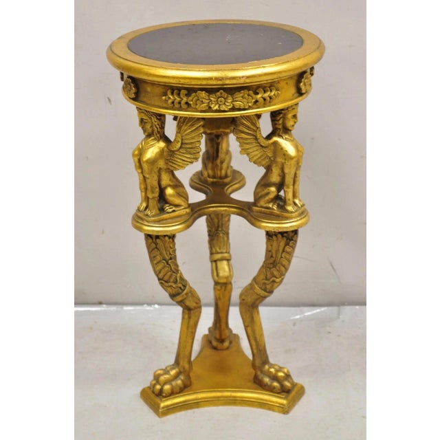 Late 20th Century Egyptian Revival Gold Giltwood Marble Top Sphinx Pedestal Side Table Plant Stand For Sale - Image 12 of 12