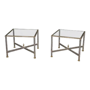 Pair Brass and Steel Jansen Style Mid-Century Modern Square End Tables