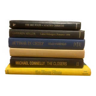 Set of 6 Curated Literary Book Stack in Black, Navy & Golden Yellow Tones For Sale
