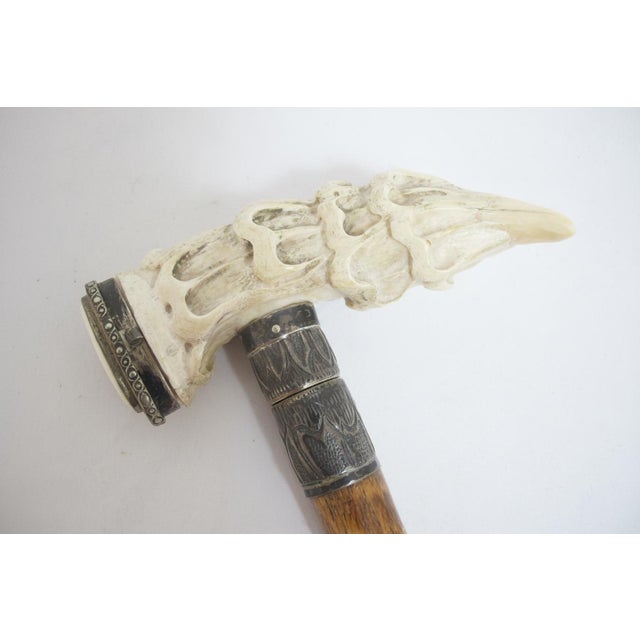 Ivory Carved Deer Stag Antler Snuff Box Walking Stick Cane With Hidden Corkscrew For Sale - Image 8 of 10