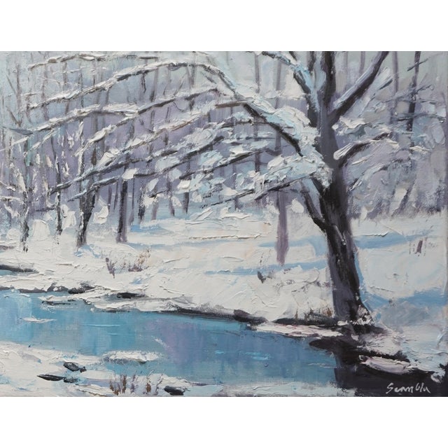 Impressionist Original Oil Landscape, Forest Stream After Snowfall For Sale - Image 3 of 5
