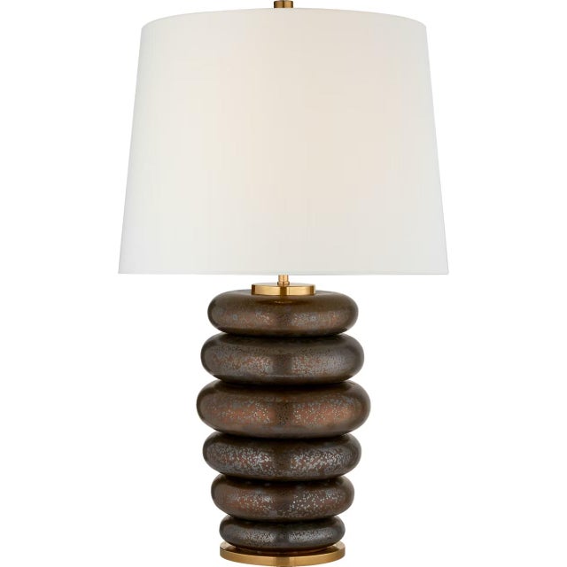 Transitional Kelly Wearstler by Visual Comfort Signature Phoebe Cordless Stacked Table Lamp in Crystal Bronze with Linen Shade For Sale - Image 3 of 3