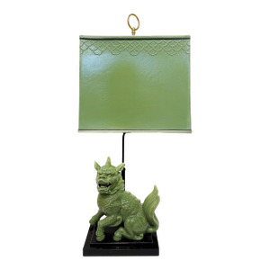 1940s Chinoiserie Celadon Porcelain Foo Dog Lamp, Custom Shade