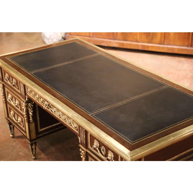 19th Century French Louis XVI Mahogany, Bronze & Leather-Top Partner Desk For Sale - Image 4 of 15