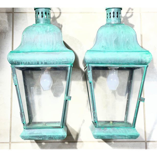 Pair of Vintage Solid Brass Hanging Lanterns. 20”.5 H X 8”.5w X 8”.5 W For Sale - Image 11 of 17