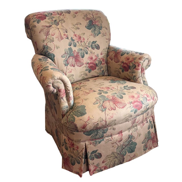 Traditional 1990s Highland House Floral Slipcovered Swivel Armchair With Skirt & Casters For Sale - Image 3 of 12