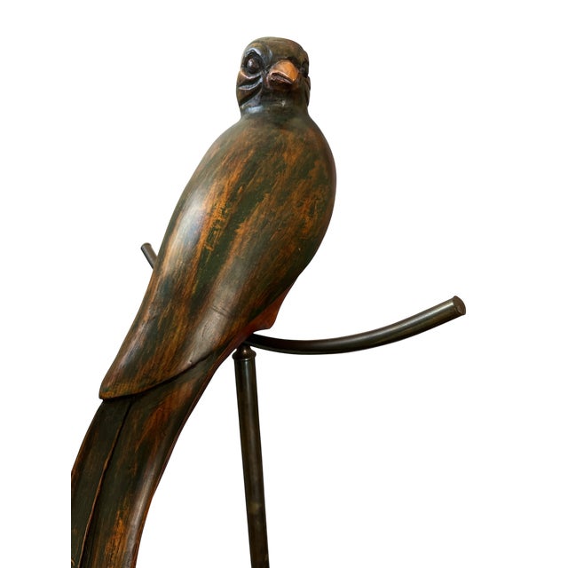 1980s 1980s Monumental Hand-Carved Wood Parrot Sculpture on Brass Stand — 58” Tall For Sale - Image 5 of 10