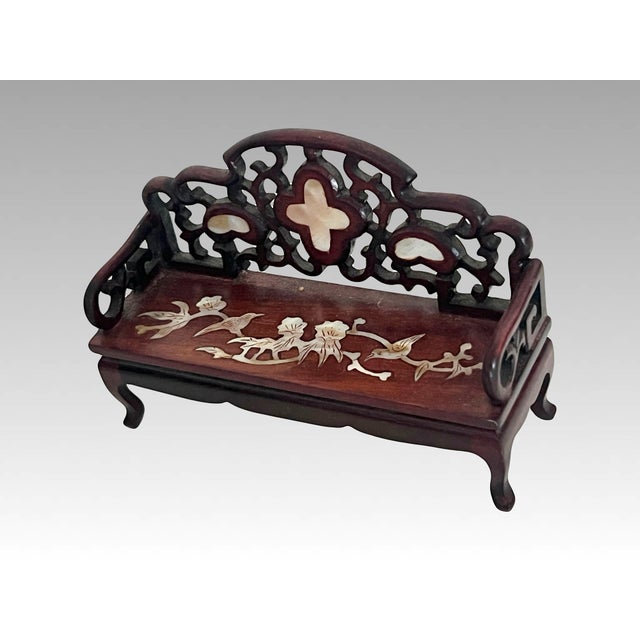 1960s Collection of Chinese Hand Carved Rosewood Dolls House Furniture Inlaid With Mother of Pearl, 13 Pieces (Seating, Dining & Display) For Sale - Image 5 of 11