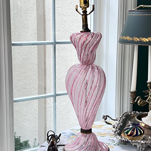 Vintage Murano glass Latticino statement lamp // Blown glass // Venetian glass // pink and white // pink ribbon // table lamp // midcentury For Sale In Kansas City - Image 6 of 10
