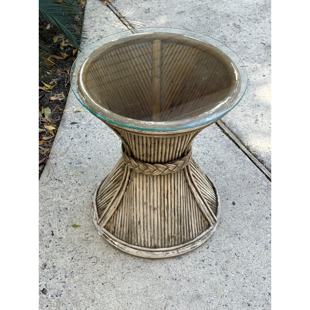 Weathered Glass Top Fluted and Woven Bamboo Side Table For Sale - Image 10 of 11
