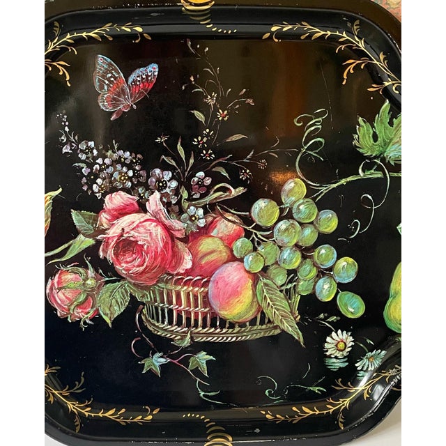 Vintage Metal Tray Manufacturing Company Black Tray With Flowers and