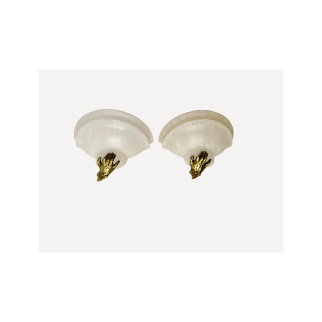 Art Deco Alabaster Wall Lights with Bronze Hands, 1970s, Set of 2 For Sale - Image 9 of 10