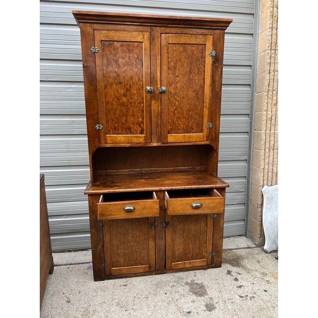 19th Century Antique Early American Primitive Style Stained Pine Two-Part Hutch Cabinet Solid wood frame, wooden shelves...