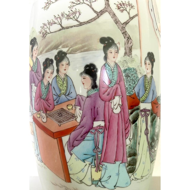 Ladies in the Summer Garden, Large Chinese Qianlong Famille Rose Baluster White Porcelain Floor Vase, Republic Period, Wood Stand For Sale - Image 9 of 11