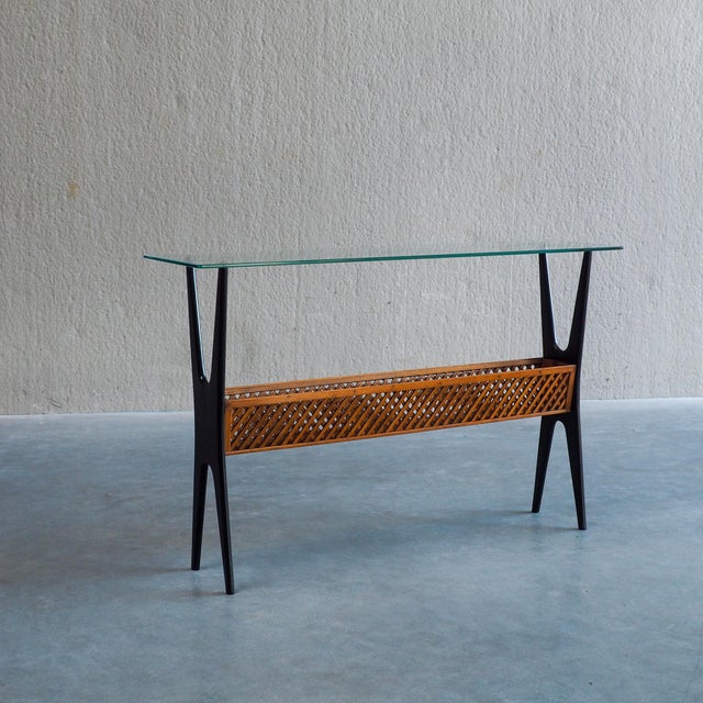 Black Italian Console Table with Glass Top & Lattice Basket, 1950s For Sale - Image 8 of 17