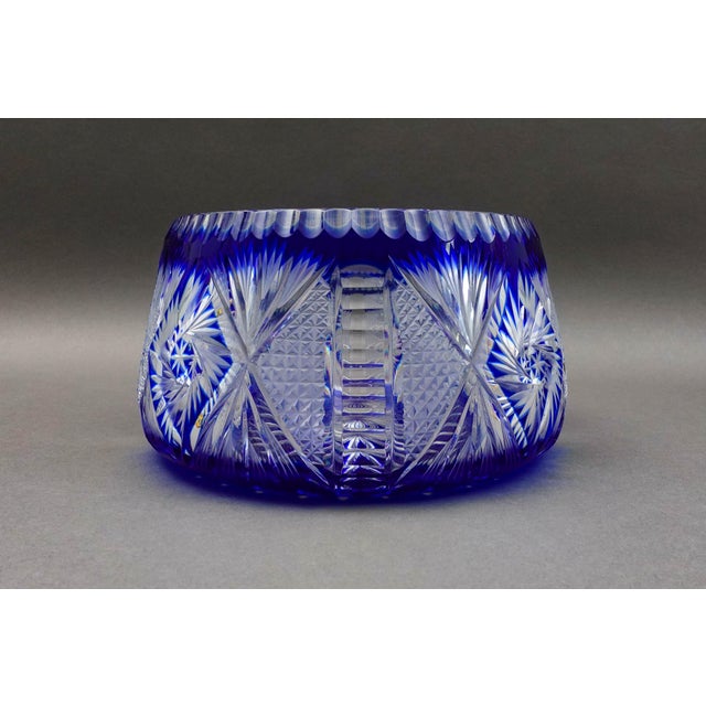 Czech Bohemian Cobalt Blue Cut to Clear Crystal Centerpiece Bowl. Measures approximately 9 3/8" diameter, 5" high.