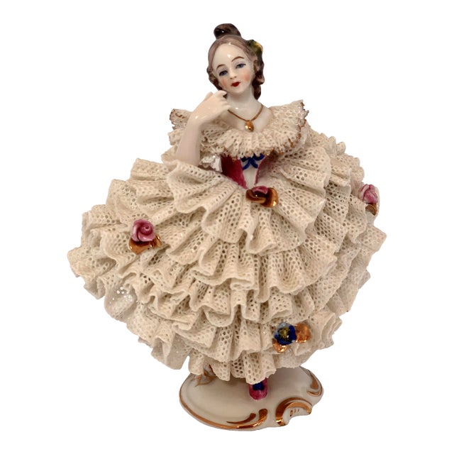 Vintage Dresden Rococo-Style Porcelain Figurine in a Lace Ball Gown, Circa 1955 by Germany’s Porzellanfabrik Al-Ka Kunst Alboth & Kaiser k.g. For Sale
