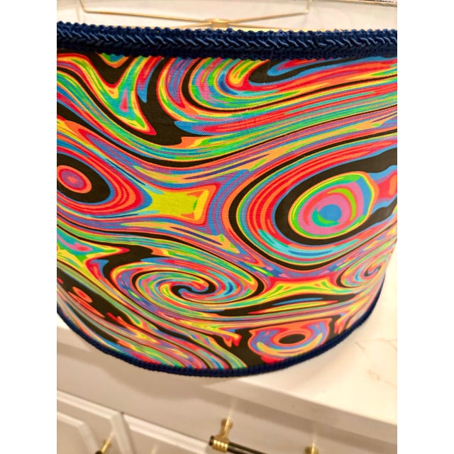 Retro Psychadelic Style Drum Lamp Shade With Navy Trim For Sale - Image 9 of 10