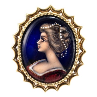 Victorian Antique French 18k Yellow Gold Enamel Lady Portrait Brooch Pin For Sale
