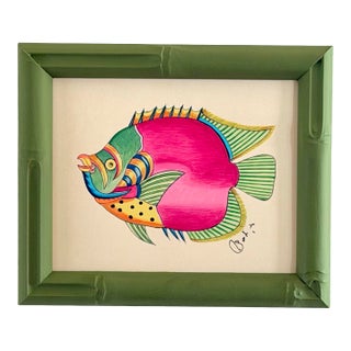 Original Hand-Painted Fish Painting in a Hand-Painted Frame For Sale