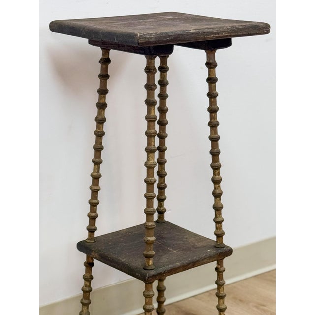 Petite Antique Spool Leg Side Table Two Tier Plant Stand, Pedestal, Wooden Top For Sale - Image 10 of 14