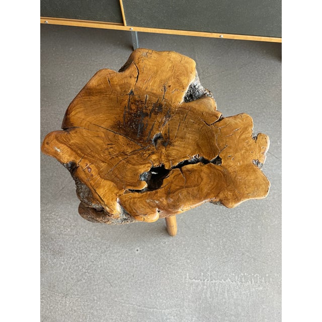 1960s Mid Century Cypress Root Side Table Live Edge Burl Tripod Stool George Nakashima Style Sculptural Organic Studio Craft For Sale In Las Vegas - Image 6 of 11