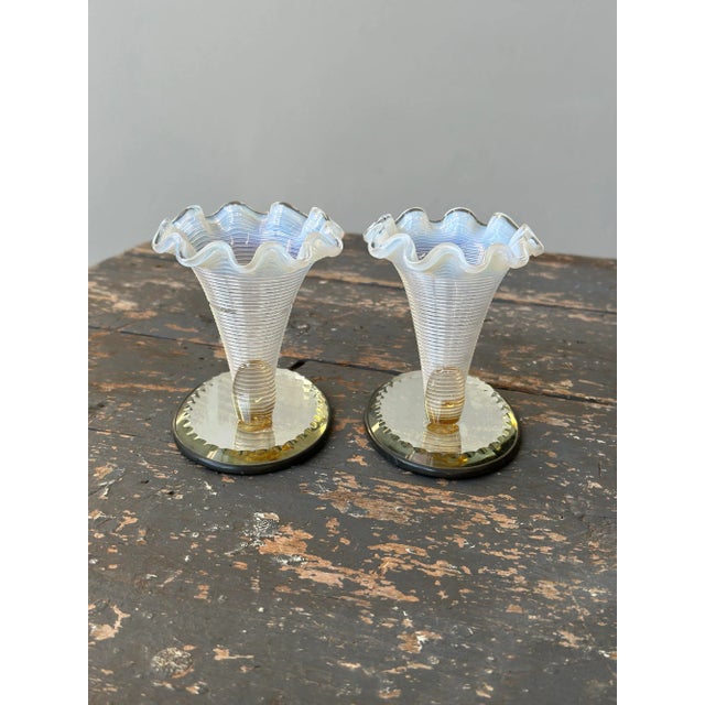 1930s Vintage Opalescent Blown Glass Cornucopia-Style Trumpet Vessels on Mirrored Cut Glass Bases, a Pair, Circa 1930s For Sale - Image 5 of 12