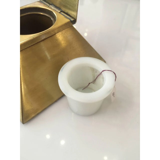 1930s Egyptian Revival Brass Pyramid Inkwell With Milk Glass Holder For Sale - Image 4 of 6