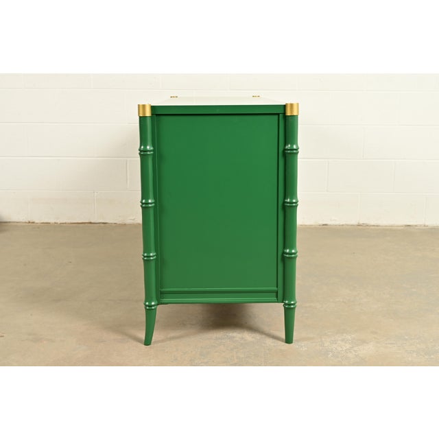 Mid-Century Hollywood Regency Campaign Green Lacquered Faux Bamboo Triple Dresser or Credenza by Stanley, Newly Refinished For Sale - Image 14 of 16