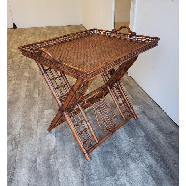 Vintage Ralph Lauren Style Bamboo Butler Tray Table With Lyre Base For Sale - Image 15 of 17