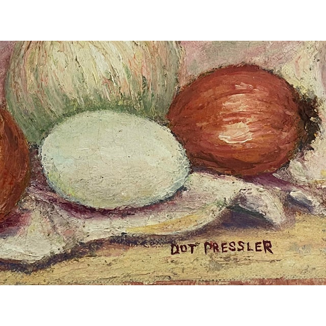 Vintage Oil Paintings signed “Dot Pressler.” – a Pair Onion Still Lifes With Beautifully Dry Matte Surface & Pronounced Impasto For Sale - Image 10 of 12