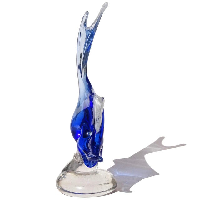 Nautical Vintage Murano Dino Martens Sommerso Sapphire Blue White Fins Italian Art Glass Fish Sculpture For Sale - Image 3 of 9